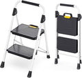 KINGRACK 2 Step Ladder, Folding Step Stool with Comfortable Handrail, Wide Anti-Slip Pedals & Safe-Lock Design, 800lbs Load Capacity, Sturdy Steel Portable Ladder, Perfect for Home and Kitchen, White