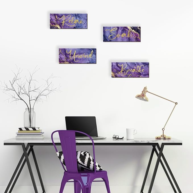 ONIZHITY 4 Pcs Purple and Gold Bathroom Decor Large Relax Soak Unwind Breathe Wooden Sign Rustic Marble Style Bathroom Accessories for Bedroom Living Room Wall Decor(Purple Gold 14X5.5 Inches)