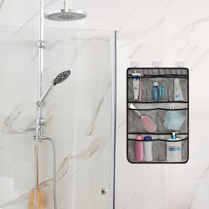 F-color Cruise Essentials 2026 - Mesh Shower Organizer Hanging with 7 Pockets for RV Gym Camping, Quick-Dry Portable Toiletry Bag with Metal Hooks for Bathroom Travel Toiletries, Black+White