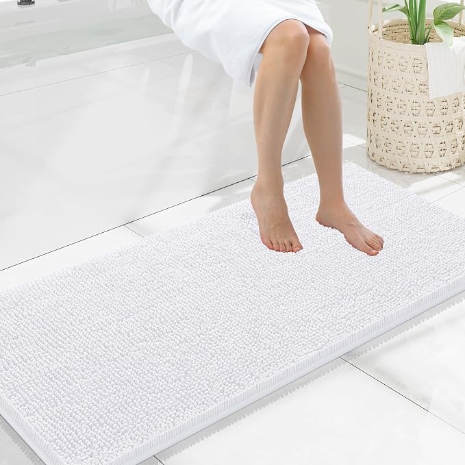 Smiry Luxury Chenille Bathroom Rugs 47x20, Extra Soft and Absorbent Shaggy Bath Mat, Machine Washable, Non-Slip Plush Carpet Runner for Tub, Shower, and Floor, Home Decor Accessories, White