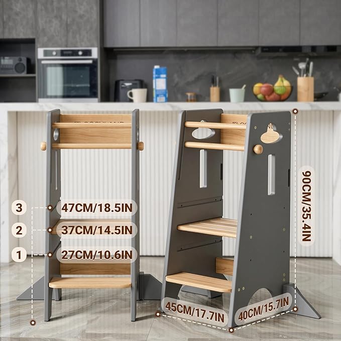 COSYLAND Adjustable Toddler Standing Tower (NO Backing Board) - Stable Toddler Step Stool with 4 Stabilizing Blocks - 3 Levels Height Adjustable Kids Kitchen Stool Helper (Natural & Light Gray)
