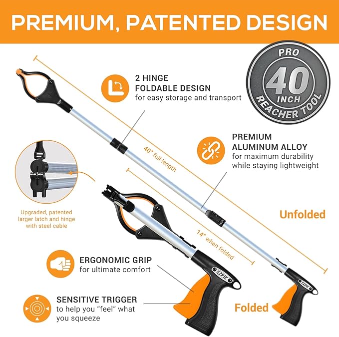 EZPIK Pro 40" Extended Grabber Reacher Tool for Elderly, Trash Hand Grabber Pickup Sticks for Seniors, Extension Gripper Claw Pickup Tool, Hand Extension Magnetic Folding Tongs 2-Pack (Silver)