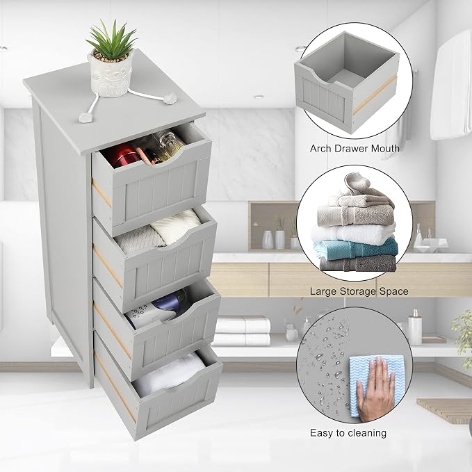 Bonnlo Skinny Bathroom Floor Storage Cabinet, 12 Inch Wide Deep Small Storage Organizer with 4 Drawers, Wooden Modern Grey Thin Free Standing Tower Cabinet w/ 4 Cute Drawers for Bathroom, Living Room