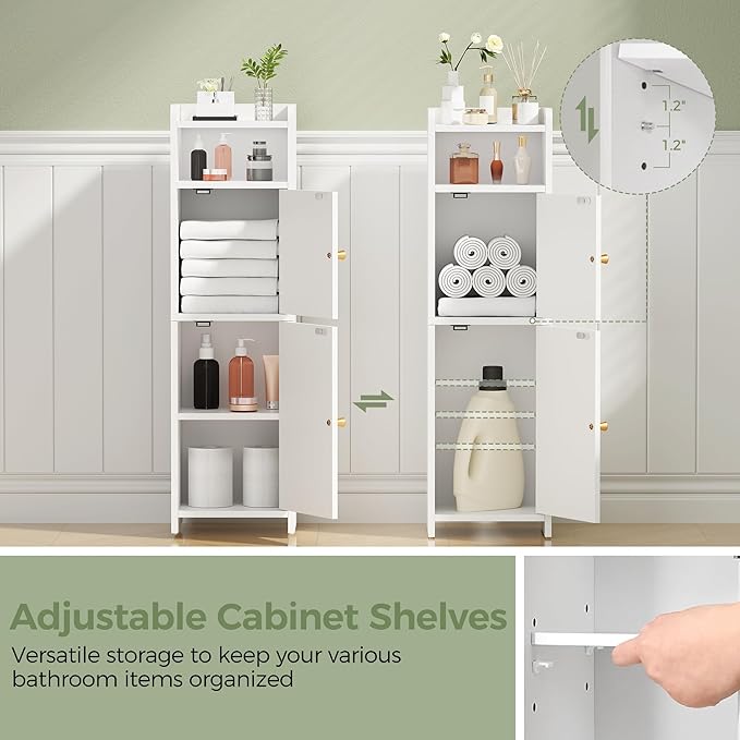 BEWISHOME Small Bathroom Cabinet, Bathroom Storage Cabinet with Adjustable Shelves & 2 Doors, Narrow Toilet Paper Cabinets, 7.9" D x 9.8" W x 31.5" H, for Small Spaces, White YYG13W