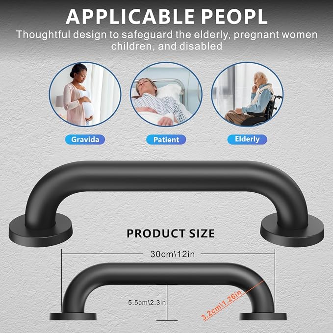 2-Pack 12-Inch Shower Grab Bars, Black | SUS304 Stainless Steel, 1.0-Inch Diameter, Safety Handles for Seniors, Elderly, Handicap