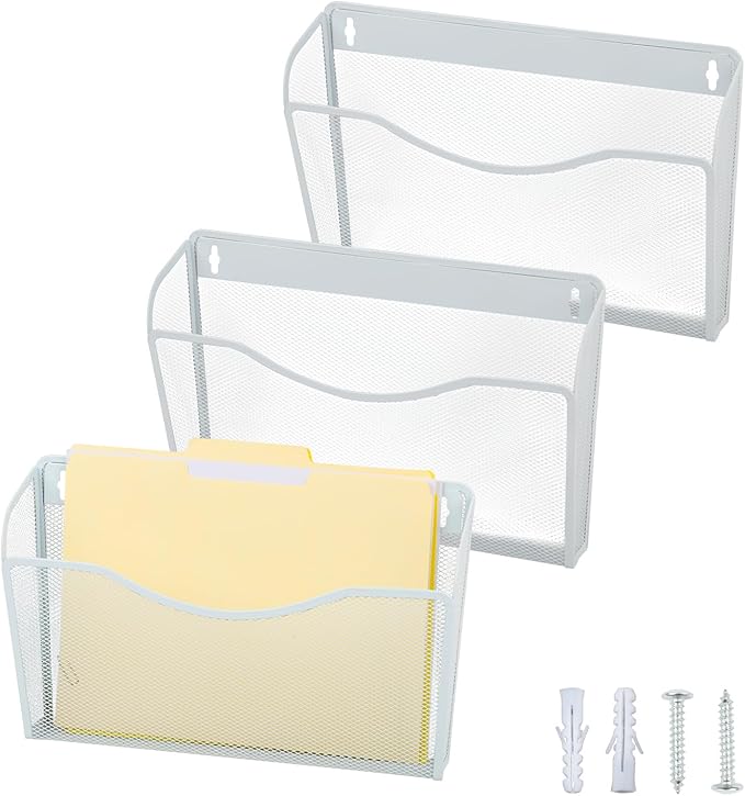 EASEPRES 3 Single Pocket Mesh Hanging File Organizer, Vertical Wall Mounted Magazine File Holder, Mount Basket Mail Paper Document Folder Organizing for Office, Home and School, White