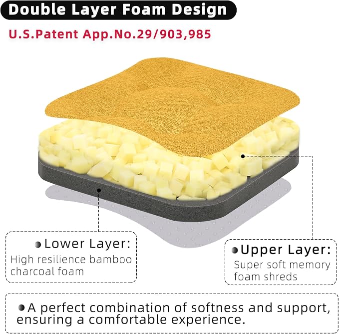 GOFORIT Memory Foam Cushion，Square Seat Cushions for Dining Chairs,Non-Slip Chair Pads with Removable Cover, 16'' x 16'', Yellow