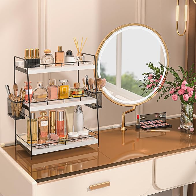 Bathroom Counter Organizer,Bathroom Countertop Organizer with Baskets,Vanity Organizers,Counter Shelf,Countertop Storage, Makeup Organizers(White)
