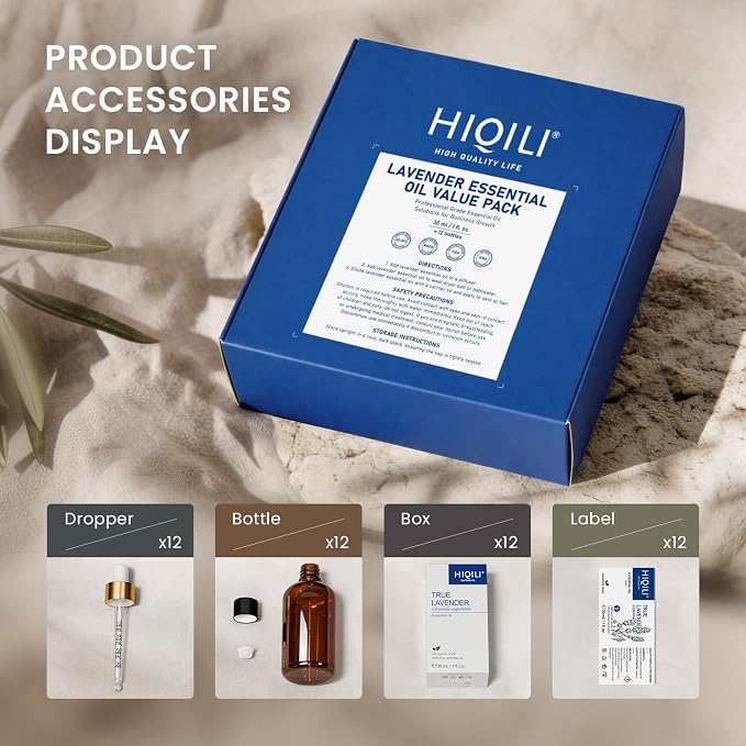 HIQILI Lavender Essential Oil Set-1 fl oz (12 Pack), Bulk Wholesale for Business,100% Pure for Diffusing,DIY & Body Care, Ideal for Hotel, Beauty Salon, Craft Studio, Holiday Gift & Home Use