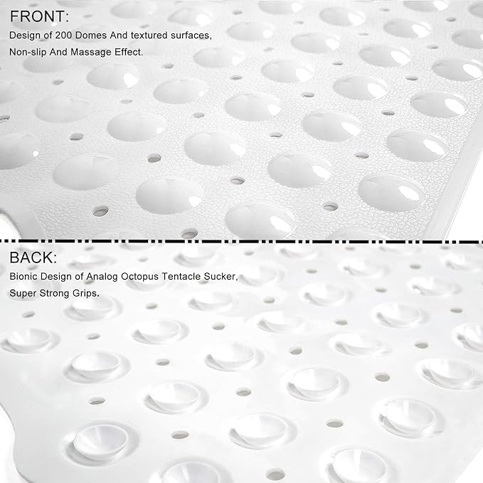 TEESHLY Bath Tub and Shower Mats, Non-Slip 39 x 16 Inch Extra Long Bathtub Mat, Machine Washable BathMat with Drain Holes, Suction Cups for Bathroom (Opaque White)