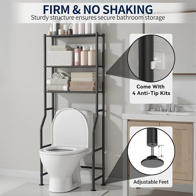 GloTika 3-Tier Over Toilet Storage Rack, Metal Over Toilet Bathroom Organizer Shelf, Freestanding Space Saver Storage Shelves for Bathroom/Laundry/Living Room (Black)