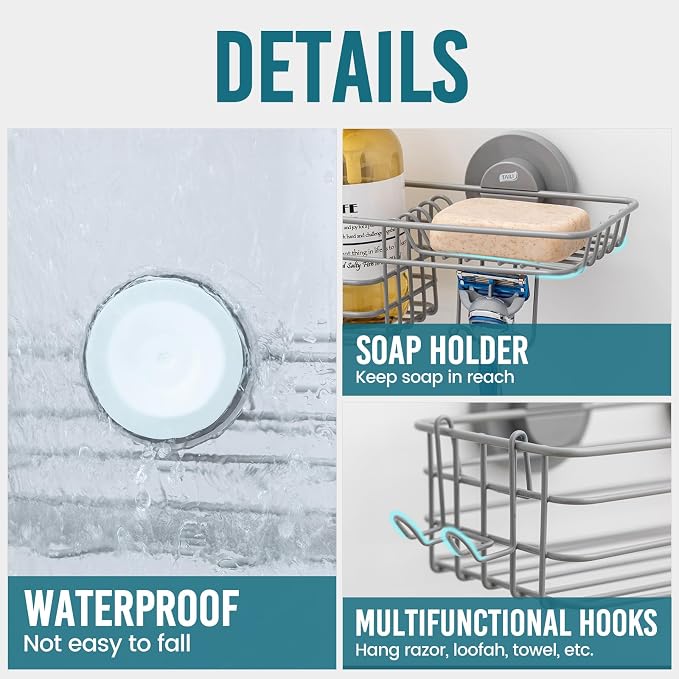 TAILI Shower Caddy Suction Cup 2 Pack with Hooks & Soap Holder, Heavy Duty Shower Organizer for Bathroom, No Drilling Bathroom Organizer with Large Capacity, Metal Storage Holder-Grey