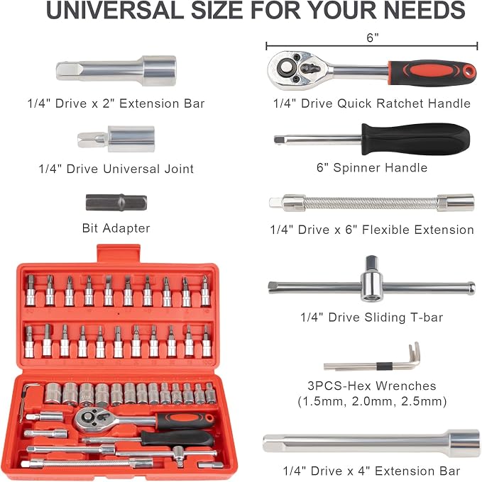 Beaiguna 46PCS Small Drive Socket Ratchet Wrench Screwdriver Set, 1/4 Inch Metric Socket and Ratchet Wrench Set with Extension Bar, Upgrade Compact Tool Set for Car