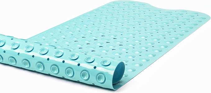 Extra-Long Non-Slip Bathtub & Shower Mat 39”x16” (Smooth/Non-Textured Tubs Only) Safe, Clean, Machine-Washable, Superior Grip&Drainage, Vinyl, Opaque Aqua/Blue-Green