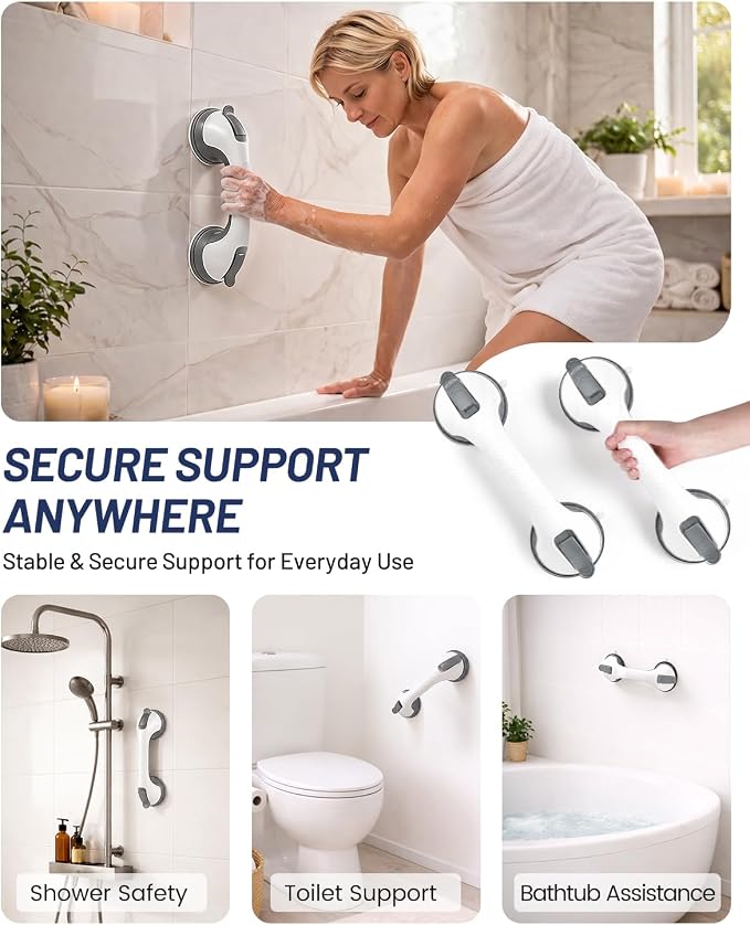 2 Pack Suction Grab Bars for Bathtubs and Showers, Gel-Enhanced Heavy Duty Stable Grip Safety Bars for Seniors and Elderly, No Drilling Removable Bathroom Handles for Tub and Shower Support