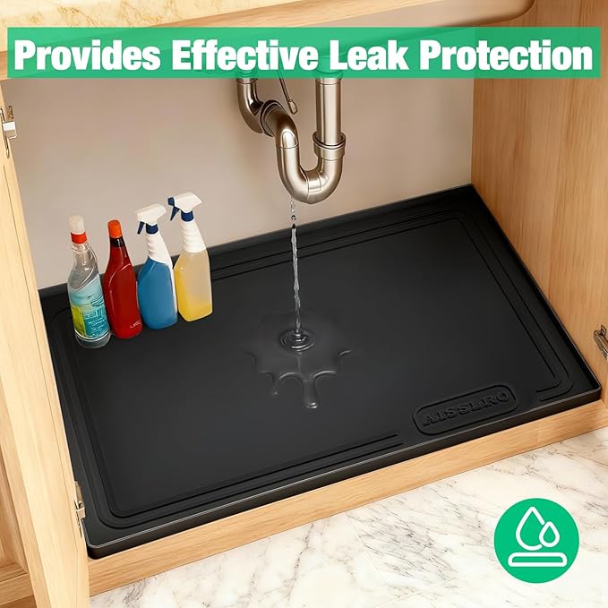 Aisslro Under Sink Mat 28" X 19", Waterproof Silicone Under Sink Mats for Kitchen, Anti-Leak Shelf Liner & Cabinet Protector with Raised Edge, [BPA Free] Bathroom Tray Home Organizer, Black