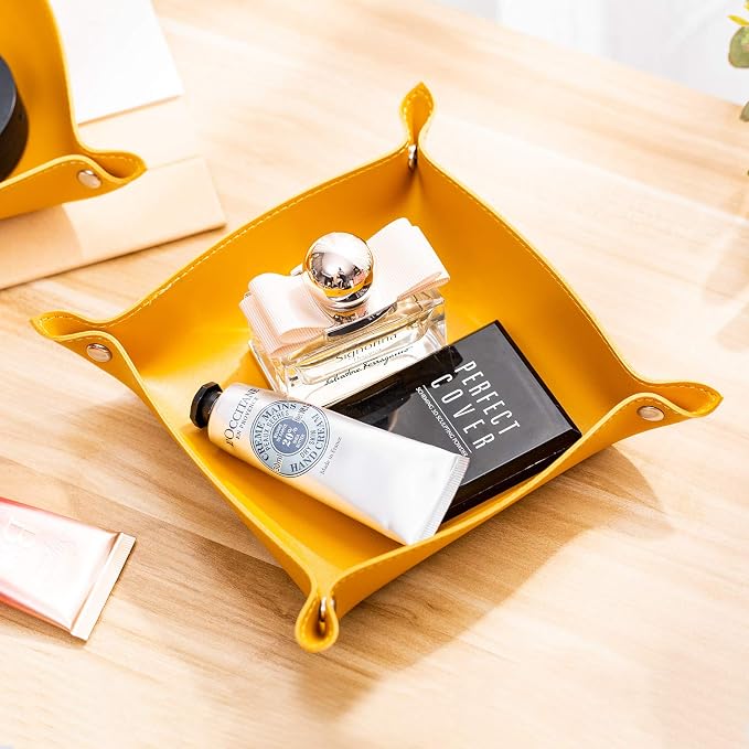 Leather Jewelry Valet Tray for Women and Man, Portable Entryway Table Tray Bedside Nightstand Desk Tray Small Catchall Travel Dish Plate for Key,Wallet,Watch,Coin (8x8, Yellow-B)