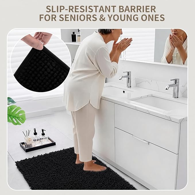 Bathroom Rugs Non Slip Washable 32x20, Extra Thick Soft Chenille Absorbent Bath Mat, High Density Barrier Non Slip Backing, Quick Dry Plush Shaggy Floor Carpet for Tub&Shower, Black