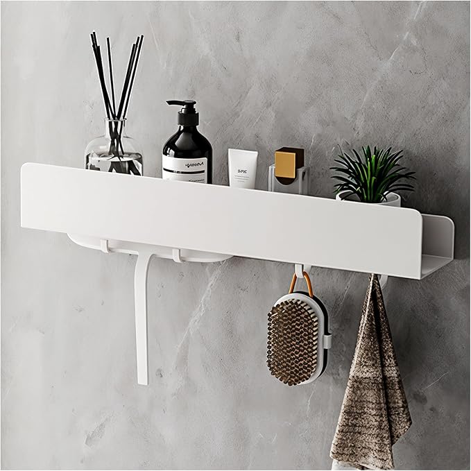 REKITA No Drill Shower Shelf Organizer, 40cm Stainless Steel Bathroom Storage with 4 Removable Hooks, Adhesive Wall Mounted Shower Caddy, Rustproof Bath Shelf for Bathroom Kitchen Living Room