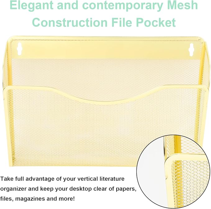 EASEPRES 3 Single Pocket Mesh Hanging File Organizer, Vertical Wall Mounted Magazine File Holder, Mount Basket Mail Paper Document Folder Organizing for Office, Home and School, Gold