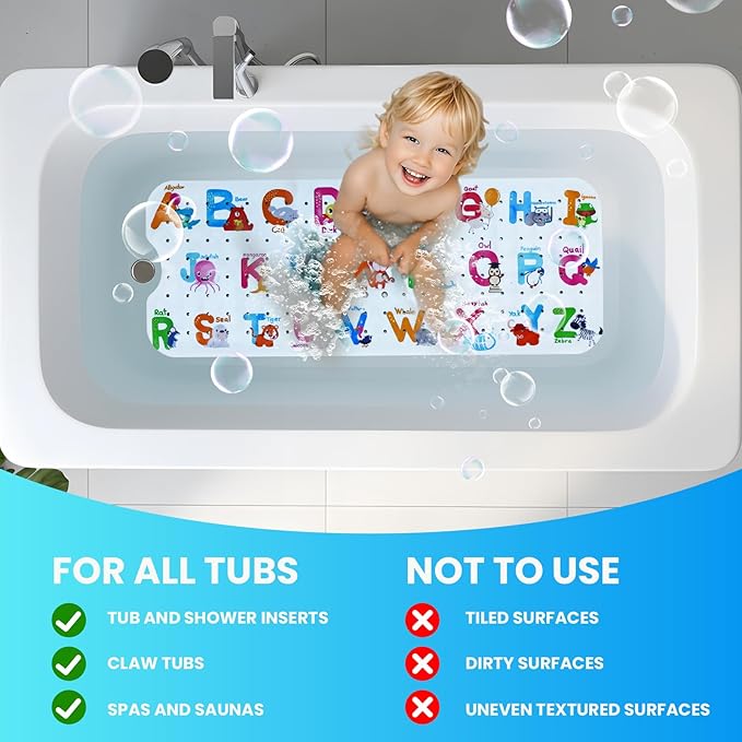 Baby Bath Tub Mat, Extra Large Non Slip Kids Cartoon Bathtub Shower Mats with Suction Cups & Drain Holes, Machine Washable for Bathroom, 40 x 16 Inch, Alphabet Animals Pattern