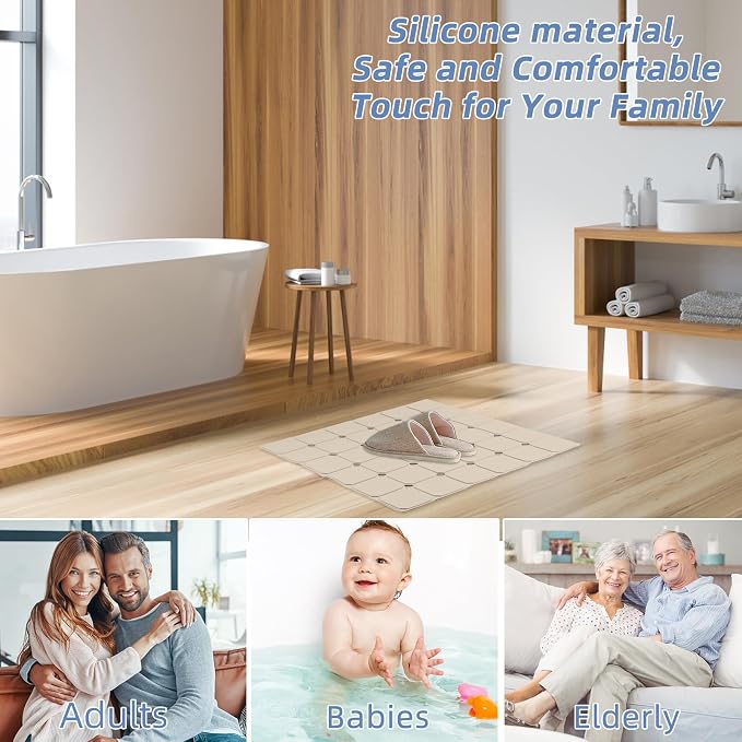 Shower Mat Non Slip 21"x21" Silicone Foldable Bath Mat with Suction Cups & Drain Holes, Odorless, Eco-Friendly & Durable, Machine Washable Shower Stall Mat for Adults, Seniors Beige