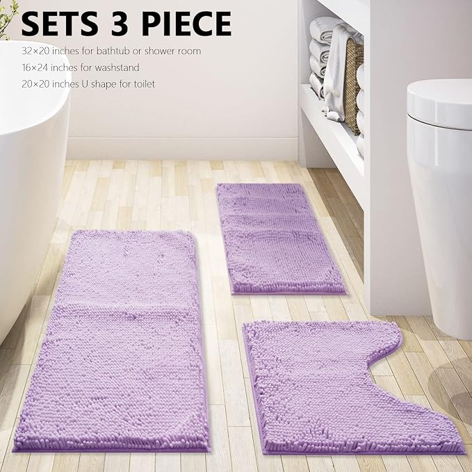 Bathroom Rugs Chenille 3-Piece Extra Soft and Absorbent Shag Bathroom Rugs, Machine Wash Mat, Strong PVC Non-Slip Underside, Plush Carpet Mats, Lavender