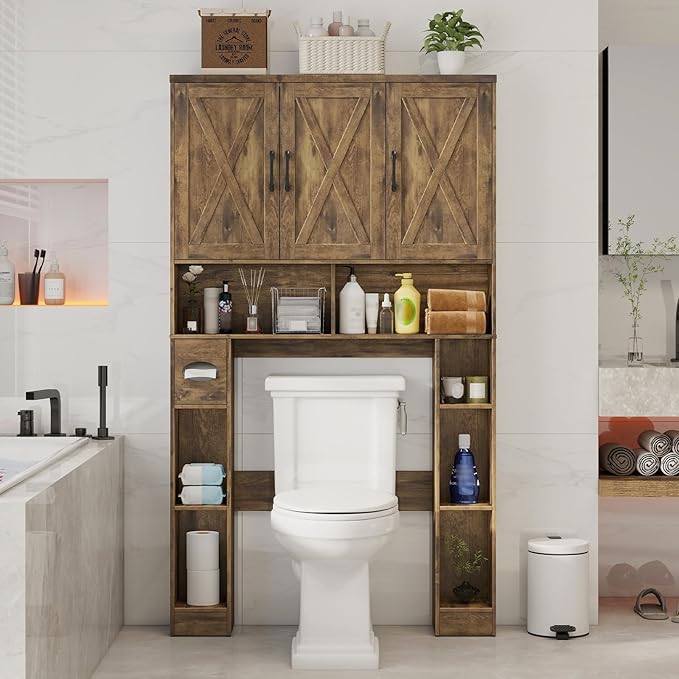 Vabches Over The Toilet Storage Cabinet, Farmhouse Toilet Cabinet Rack with 3 Barn Doors, Space Saving Bathroom Organizer with Shelves, Toilet Paper Holder and Towel Rack for Bathroom,Restroom, Brown