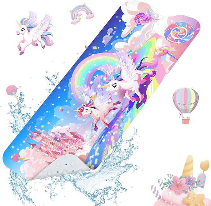 SHUCHING Girl Unicorn Bath Mat for Tub Non Slip-40 X 16 Inch, Kids Bathtub Mat Non Slip, Long Shower Mat Anti Slip for Bathroom, Machine Washable