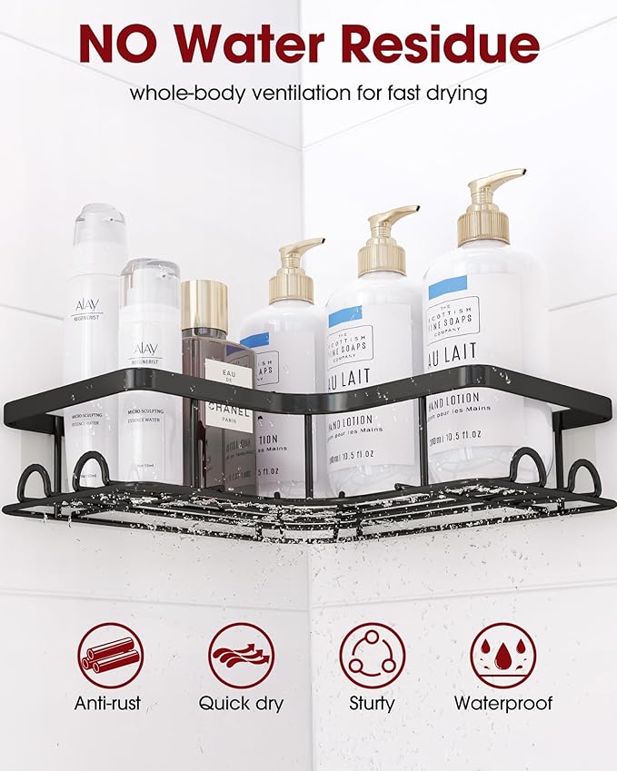 Sakugi Corner Shower Caddy - 2 Pack, Adhesive Shower Organizers, Rustproof Stainless Steel Shower Shelves with 8 Hooks, No Drilling Bathroom Organizers and Storage Racks, Space-Saving, Black, Medium
