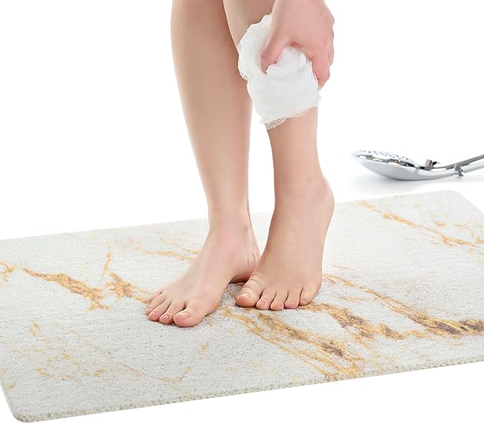 Enkosi Loofah Non-Slip Shower Mat - Shower Floors, Bathtub, Bathrooms, Wet Areas - Cushioned Bath Mat with Drain Holes - Quick Dry PVC, Secure Safety Pad Without Suction Cups (32x24 Marble Gold)