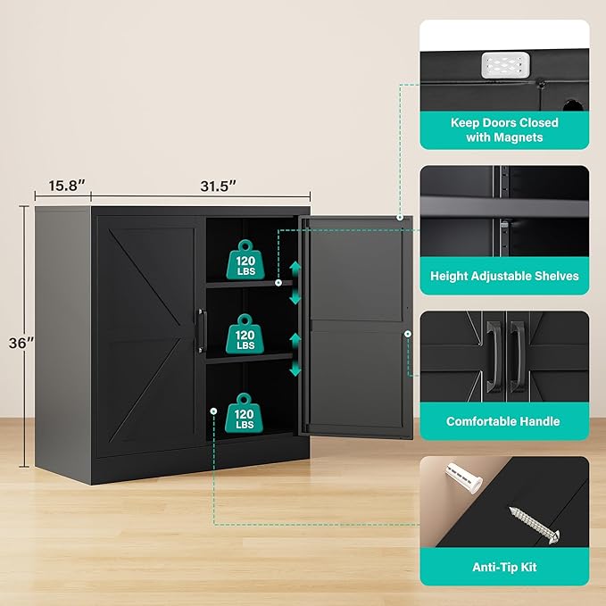 Metal Storage Cabinet with Doors & Adjustable Shelves, 36" Tall Farmhouse Pantry Cabinet, Small Sideboard for Kitchen, Dining, Living & Laundry Room, Black