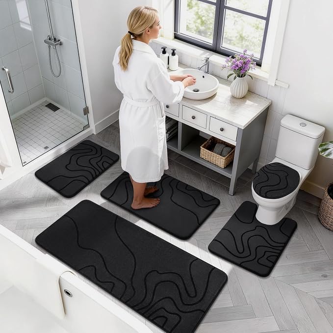 YIHOUSE Memory Foam Bathroom Rugs Sets 5 Piece - Extra Thick Ultra Soft Absorbent Bath Mat Set, Non-Slip Machine Washable Bath Rugs for Bathroom, Tub & Shower, Home Decor Accessories, Black