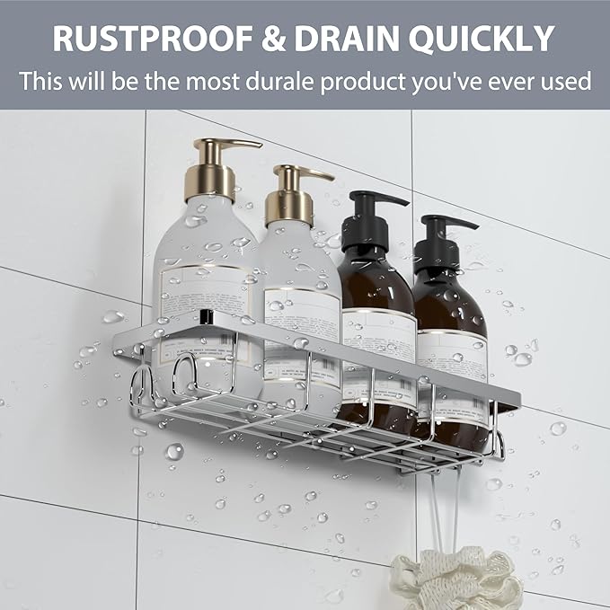Shower Caddy Organizer with Hooks,Self Adhesive Bathroom Shelves,No Drilling Bathroom Organizers and Storage,Perfect for RV, Apartment, Home Decor,Silvery 4PCS