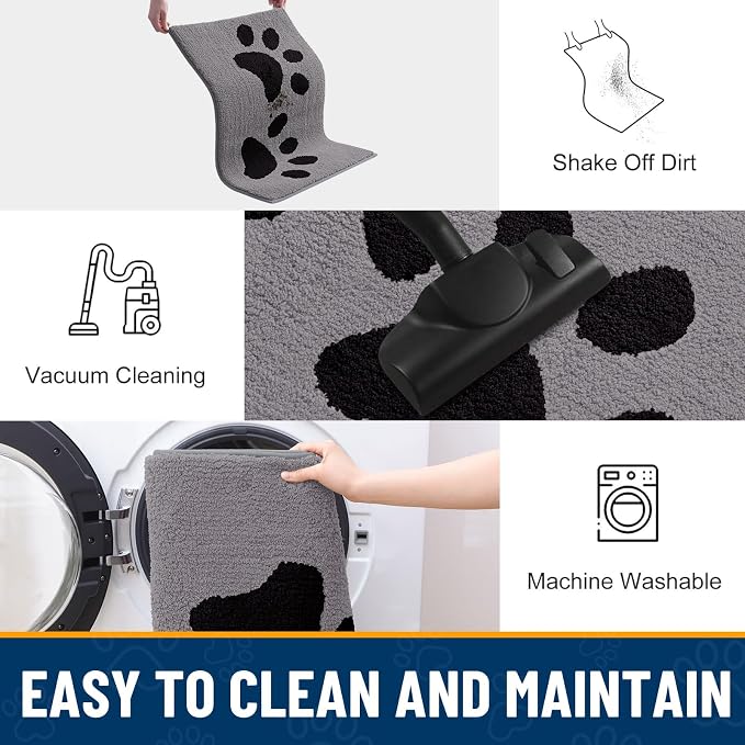 Smiry Dog Door Mat for Muddy Paws, Absorbs Moisture and Dirt, Low-Profile Entryway Mat with Non-Slip Backing, Entry Indoor Outdoor Doormat for Inside Floor (30x20 Inches, Grey, Paw)