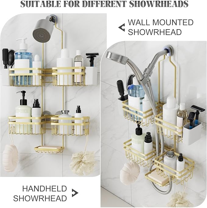 Shower Caddy Hanging for Bathroom Organizers and Storage - 3-Tier Adjustable Anti-Swing Shower Organizer Hanging with Heavy-Duty Suction Cups, Damage-Free Rustproof (Gold)