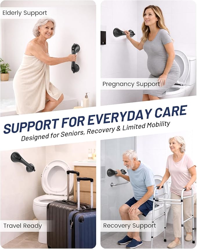 2 Pack Gel-Enhanced Shower Grab Bars for Seniors and Elderly, Heavy Duty Suction Grab Bars for Bathtubs and Showers, No Drill Removable Bathroom Handles for Toilet, Tub, and Shower Support