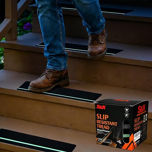 S&X Outdoor Stair Treads Non-Slip 12-Pack 4" x 24" Pre-Cut Anti Slip Tape, Glow-in-the-Dark Strip Grip Tape for Stairs,Steps,Wood,Concrete