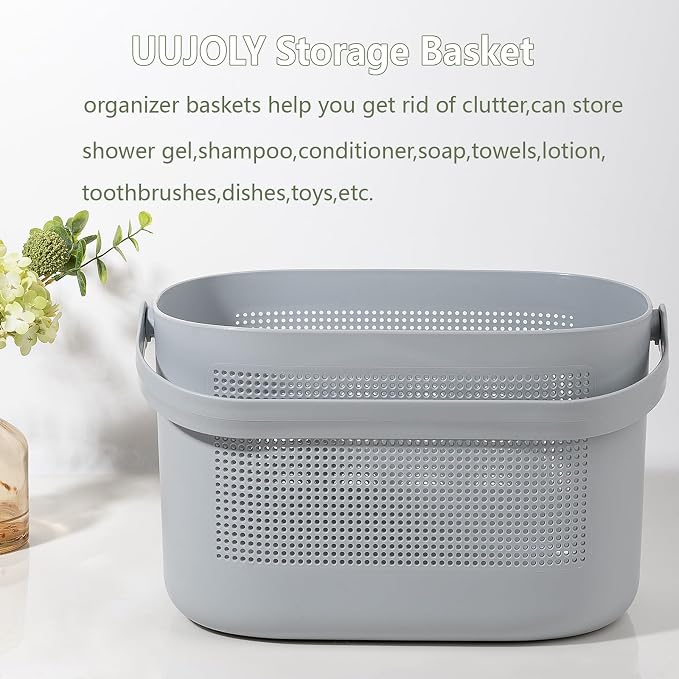 UUJOLY Plastic Storage Baskets with Handles, Shower Caddy Shelf Organizers Basket for Bathroom, Kitchen, Dorm Room, Gray