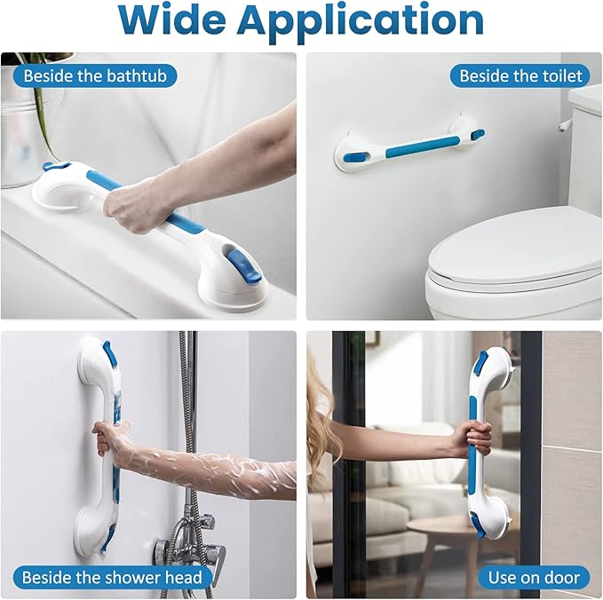 LEVERLOC 2 Pack Shower Grab Bars for Bathtubs and Showers, Easy to Install Suction Shower Handles for Bathroom Removable Handrails for Seniors Elderly Heavy Duty Safety Grip Waterproof Drill Free Blue