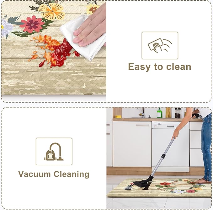 KIMODE Kitchen Floor Mats Cushioned Anti Fatigue,Farmhouse Floral Rugs Sets of 2,Memory Foam Carpet Non Slip,Long Sink Runner for Bathroom Laundry Office,Beige 17"x59"+17"x29"