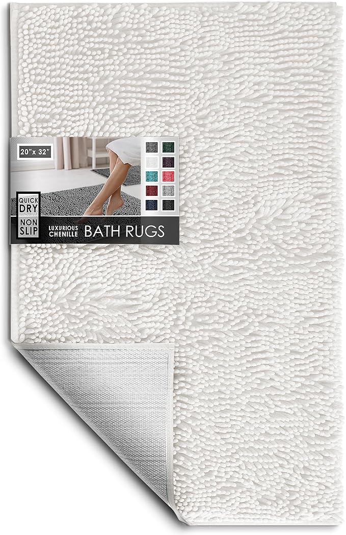Hearth & Harbor Bathroom Rugs, Chenille Bath Mat - Machine Washable Bath Mats for Bathroom Non-Slip Backing Rubber, Quick Dry Bathroom Mat