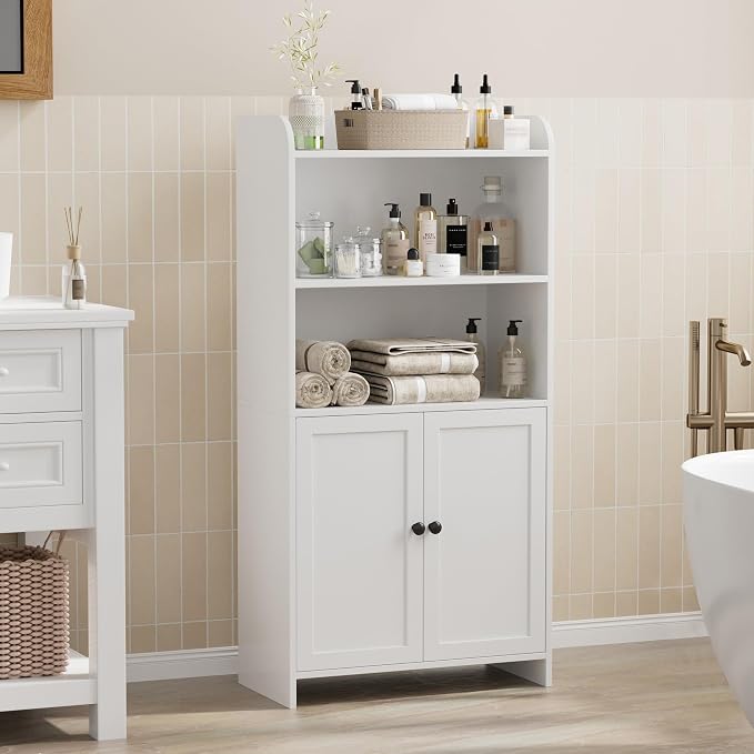 Homhedy Small Bathroom Storage Cabinet, Freestanding Toilet Paper Storage with 2 Doors and Shelves, Bathroom Organizers and Storage for Small Spaces, Laundry Room, 9.8" D x 19.7" W x 39.9" H, White