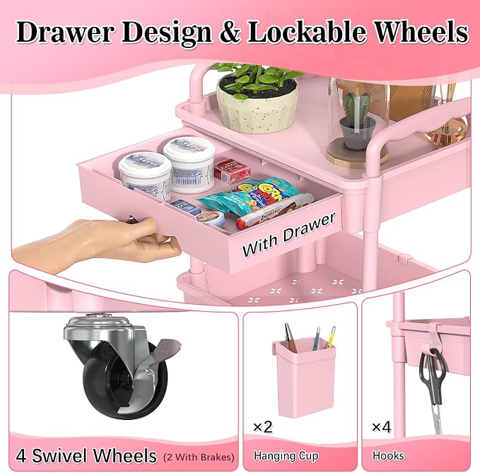 SUNALLY 3 Tier Rolling Cart with Drawer, Bathroom Storage Organizer with 2 Lockable Wheels, Multifunctional Rolling Storage Cart for Bathroom, Kitchen, Office, Craft, Makeup, Baby Essentials, Pink
