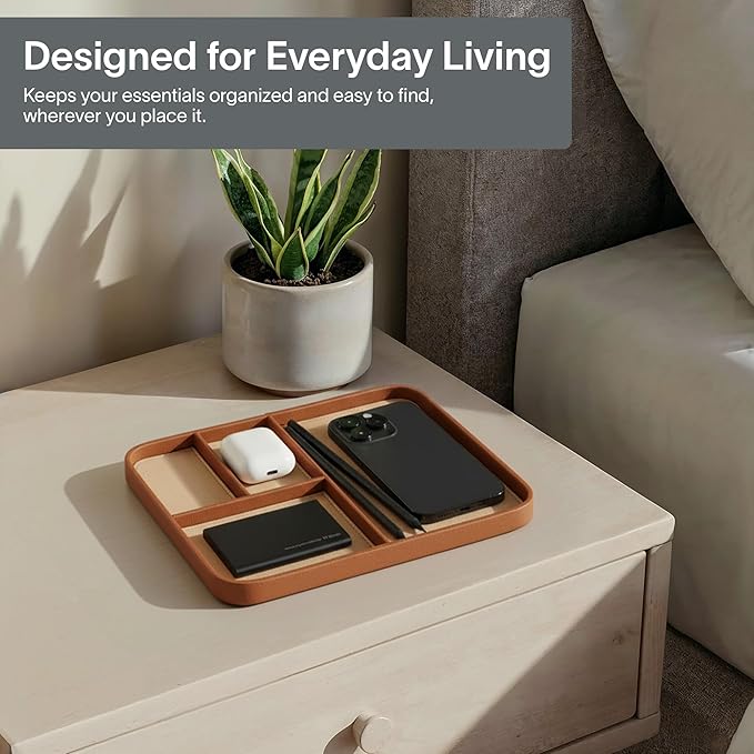 Nordik Leather Valet Tray - Sand Brown - 9.5 x 7.9 Inch Medium Vegan Leather Tray - Stylish Nightstand Organizer for Men - Modern Bedside Caddy - EDC Catchall for Key Watch Wallet Jewellery