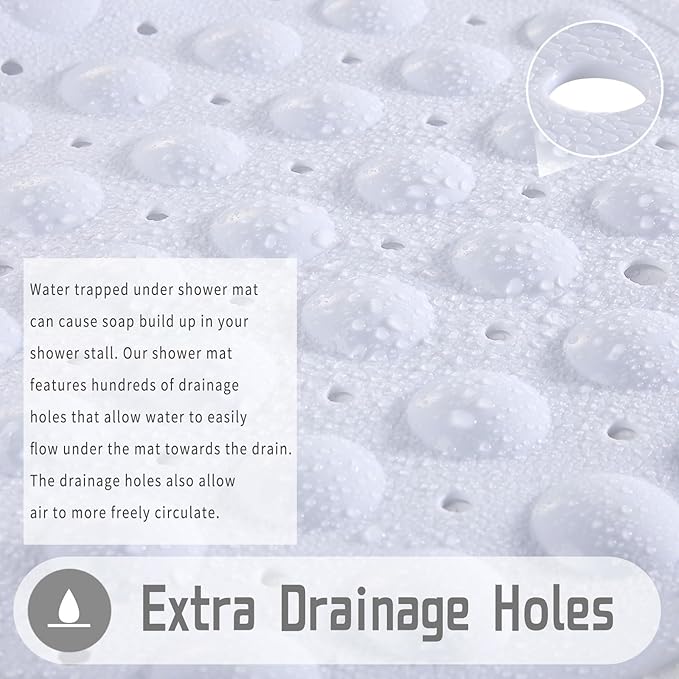 Yimobra Shower Mat 21X21 Inch Square, Non Slip Bathtub Mat with Large Suction Cups&Drain Holes, Soft Fast Dry Shower Stall Mats for Inside Shower, Machine Washable BPA-Free, Bath Essentials, White