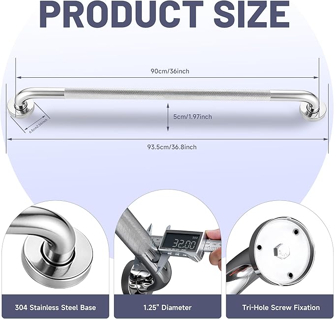 36 Inch Shower Grab Bar, Brushed Nickel Anti Slip Safety Bars, 304 Stainless Steel Bathroom Handrail, Handicap Grab Bars for Wall, Shower Grip Handle for Seniors Elderly Injury Assist Bath (1.25" Dia)