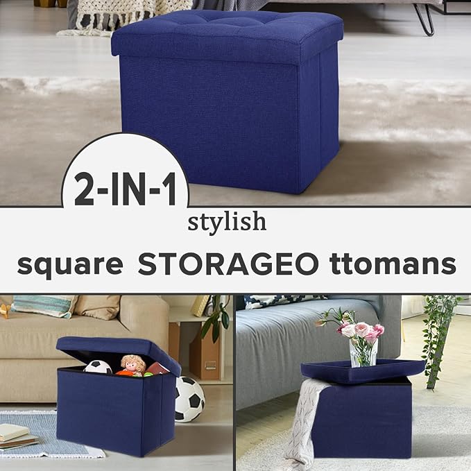 LINMAGCO Small Storage Ottoman Stool Foot Rest Stool Under Desk Stool Short Folding Ottoman Linen Cloth Navy 17X13X13IN