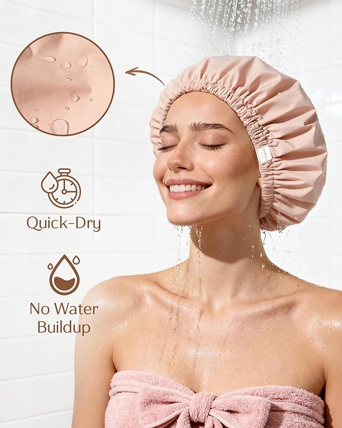 Yanibest Satin Lined Shower Cap for Women Reusable Waterproof, Frizz Free & Large Bath Cap with Soft Elastic Band, Luxury Hair Protection Caps (Peachy Pink)
