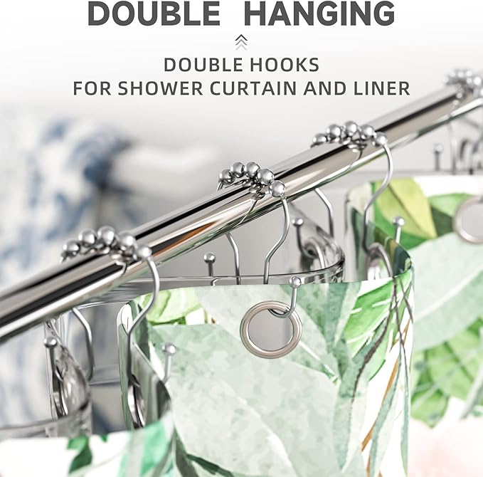 Bathway Shower Curtain Hooks Chrome Shower Curtain Rings Rust Proof, Smooth Glide Double Shower Curtain Hooks, 12Pcs Shower Curtain Hangers, Shower Hooks for Shower Curtain Bathroom Shower Rod Hooks
